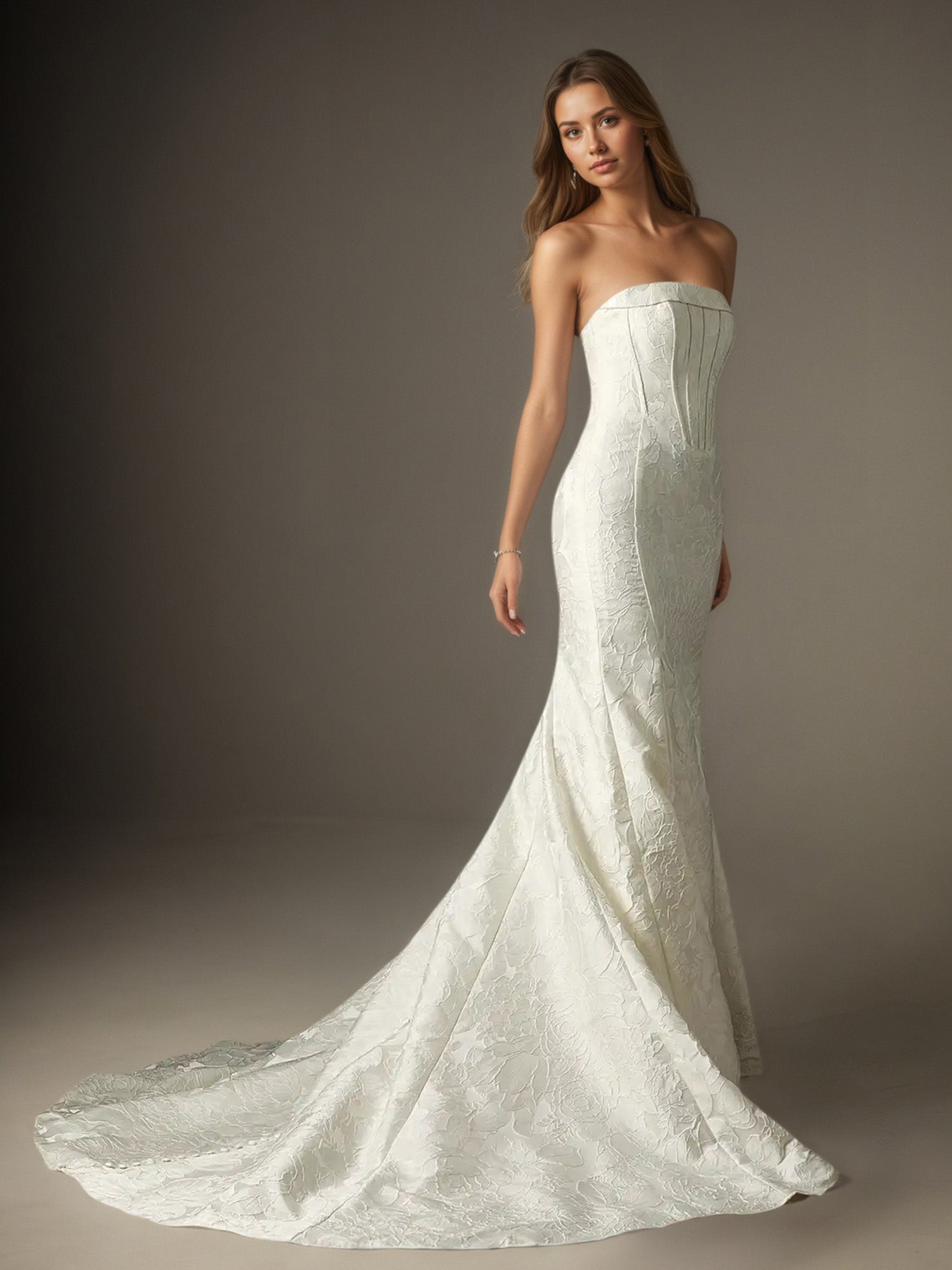 Vestido de novia blanco sirena sin tirantes de jacquard floral