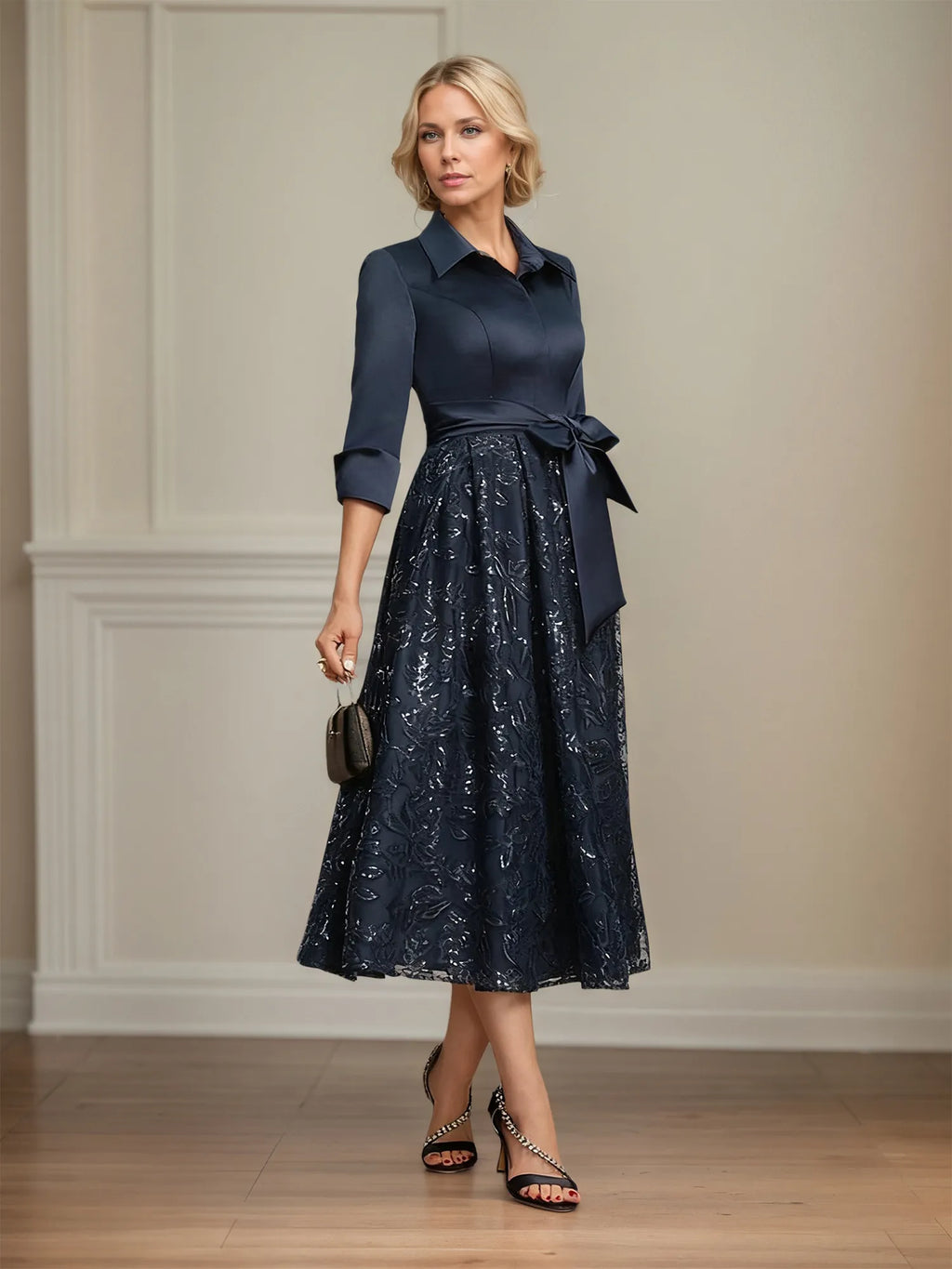 A-Linien-Mutter-der-Braut-Kleid mit Kragen, V-Ausschnitt, tea-length, Satin, Spitze, Pailletten und Schleife
