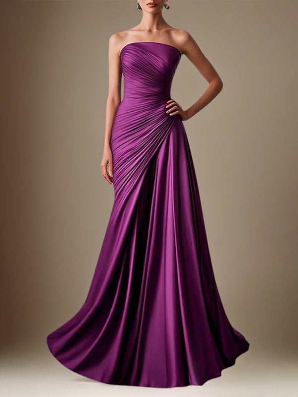 A Line Purple Satin Off the Shoulder Sleeveless Floor Length Dress With Ruffles