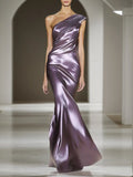 Evening Party Satin Dress Purple One-Shoulder Pleated Maxi Dress