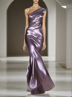 Evening Party Satin Dress Purple One-Shoulder Pleated Maxi Dress