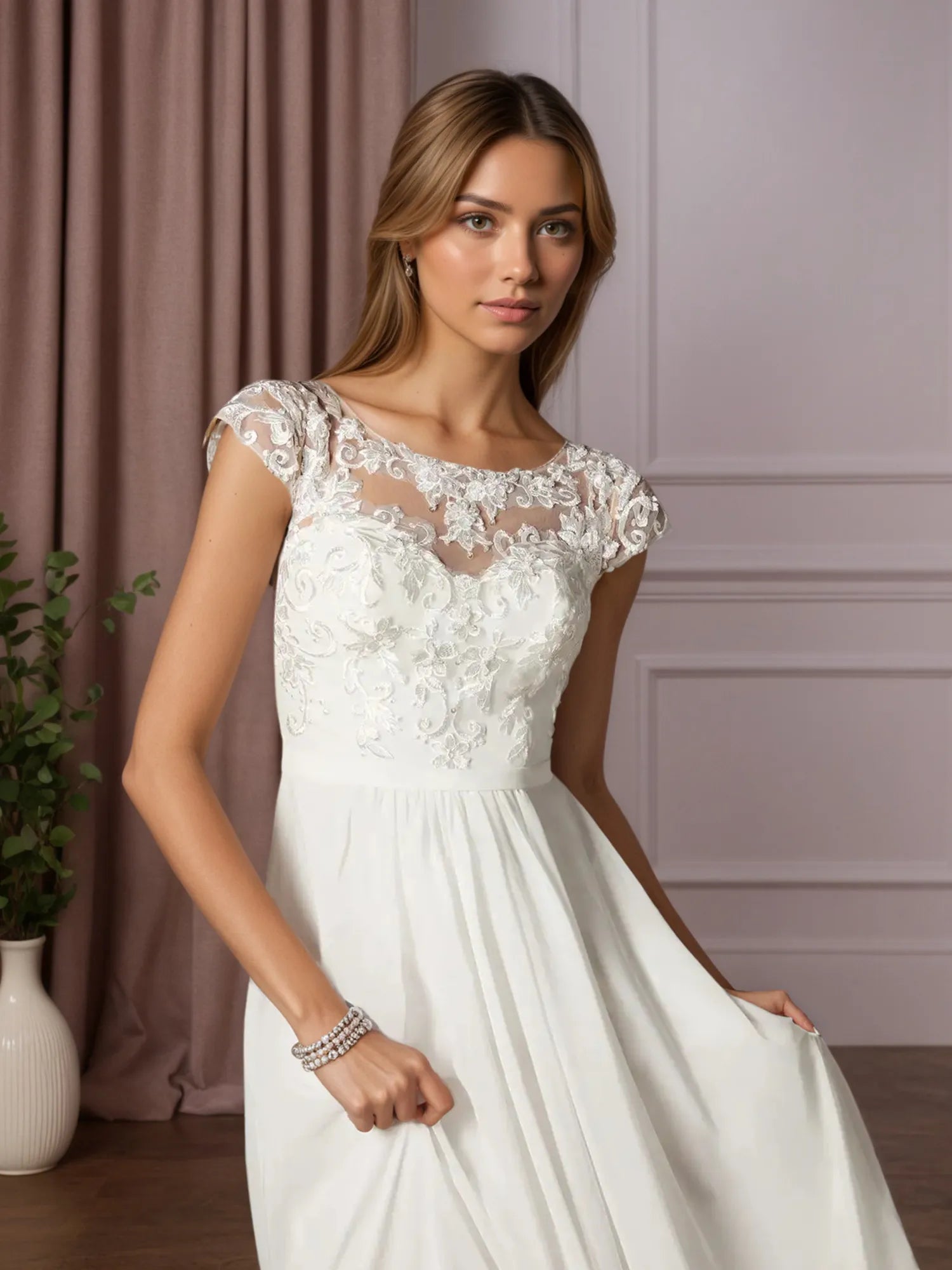 Vestido de novia línea A blanco con escote redondo y lentejuelas de gasa