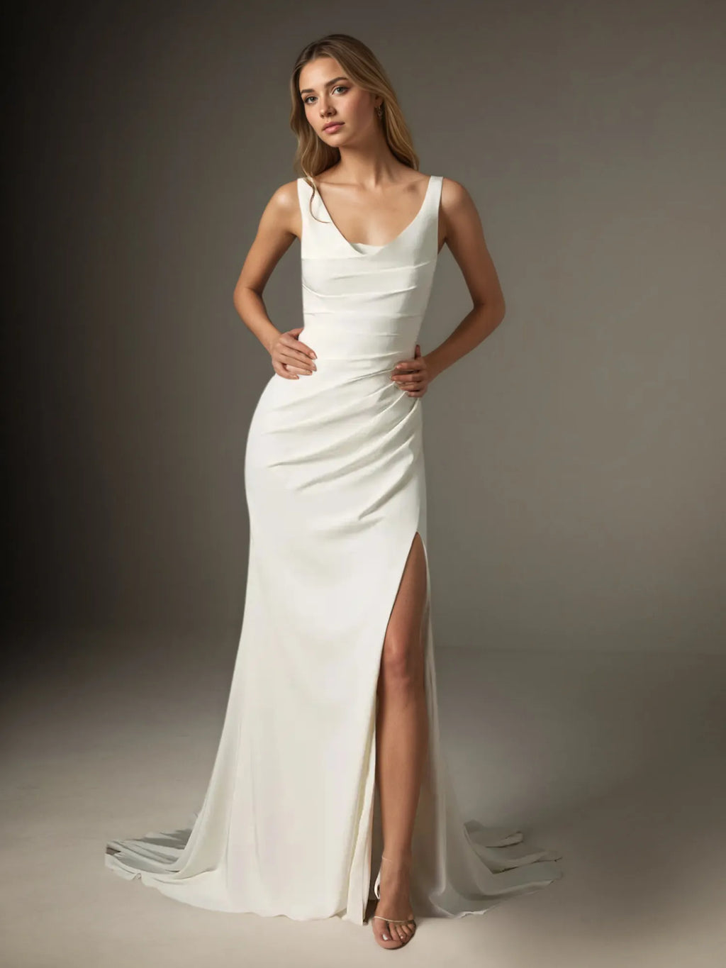 Weißes Meerjungfrau Kleid mit U-Ausschnitt plissierter Crepe-Rücken Satin Hochzeitskleid