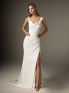 Weißes Meerjungfrau Kleid mit U-Ausschnitt plissierter Crepe-Rücken Satin Hochzeitskleid