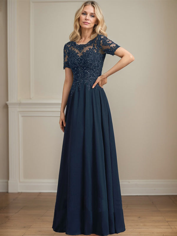 A-Linien Rundhals Illusions-Bodenlanges Chiffon-Spitzenkleid für die Mutter der Braut mit Pailletten und Perlen