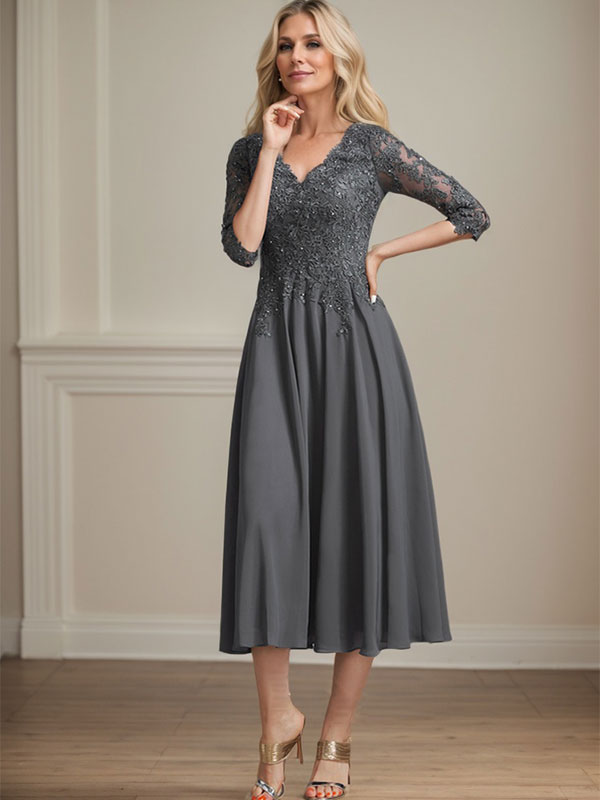 A-Linien-Brautmutterkleid aus Chiffon, V-Ausschnitt, tea-length mit Spitze, Pailletten und Perlen