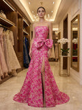 Hot Pink Floral Brocade Strapless Oversized Bow Prom Dress with Slit