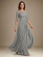 A-Linien Rundhals Illusions-Bodenlanges Chiffon-Spitzenkleid für die Mutter der Braut mit Perlen, Pailletten und Kaskaden-Rüschen