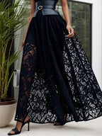 Robe maxi noire en dentelle ajourée col rond sans manches ligne A