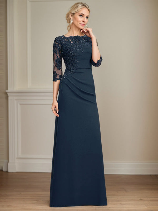 Vestido para madre de la novia en línea A con escote redondo, largo hasta el suelo, gasa, encaje, cuentas, pliegues y lentejuelas