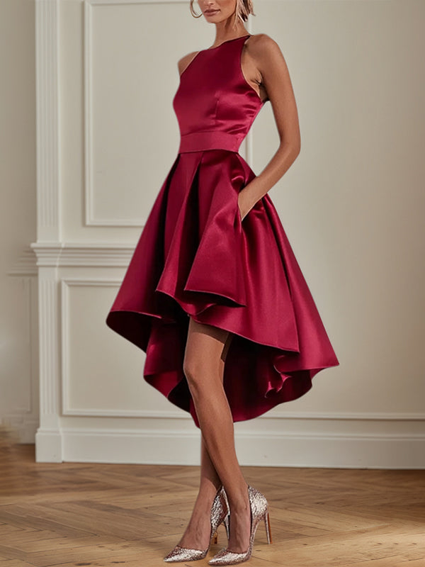 Party Cocktailkleid Weinrot Rundhals asymmetrische Länge Kleid