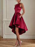 Party Cocktailkleid Weinrot Rundhals asymmetrische Länge Kleid