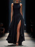 Elegant Black Chiffon Round Neck Sleeveless Formal Dress With High Slit
