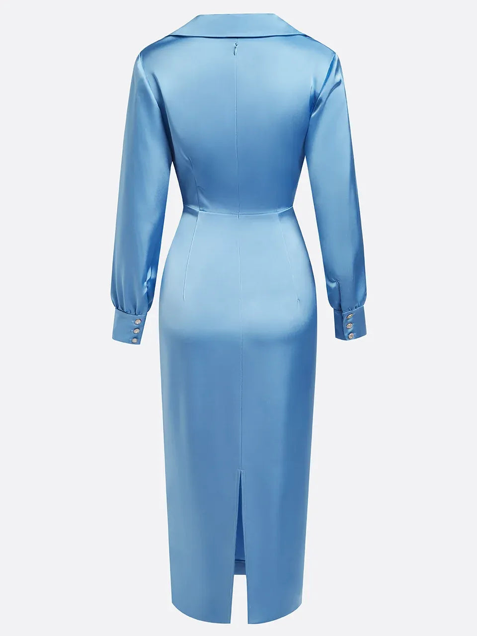 Abito midi a guaina in raso blu con collo a camicia arricciato
