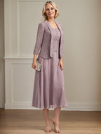 A-Linien Kleid mit Rundhalsausschnitt, tea-länge, Spitze und Chiffon, Mutter der Braut Kleid