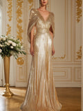 Formal Evening Fringe Dress Gold Sequin V Neck Cape Maxi Gown