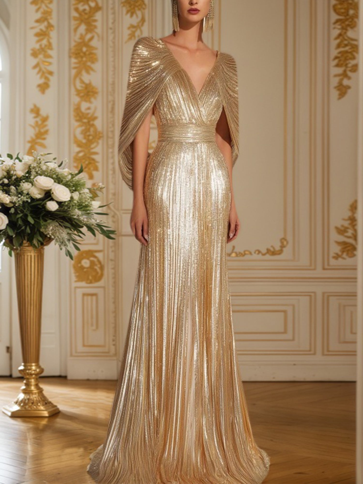Formal Evening Fringe Dress Gold Sequin V Neck Cape Maxi Gown