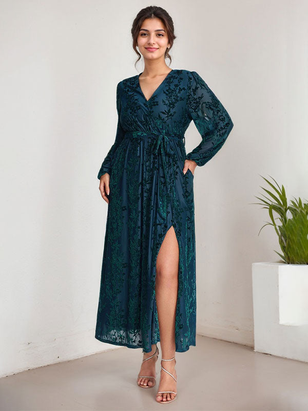 A-Linien V-Ausschnitt langärmliges Samt Tee-Länge Kleid für die Brautmutter mit Schlitz