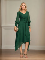A-Linien V-Ausschnitt Asymmetrisches Chiffon Kleid für die Mutter der Braut mit Schleife und Plissee