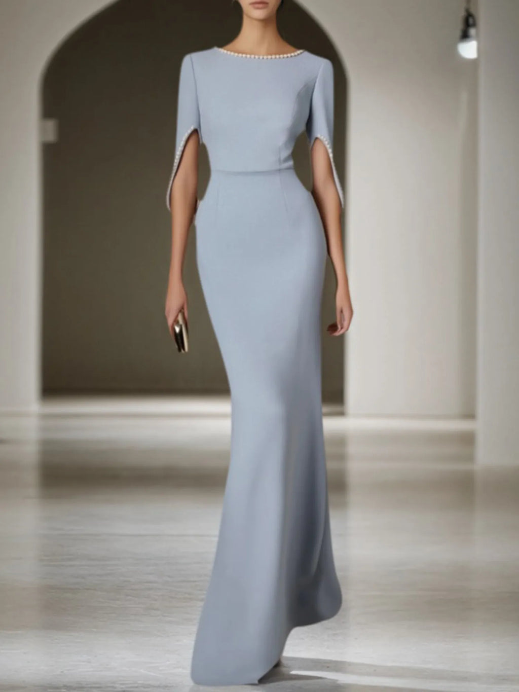 Vestido formal azul con perlas, vestido maxi para madre de la novia