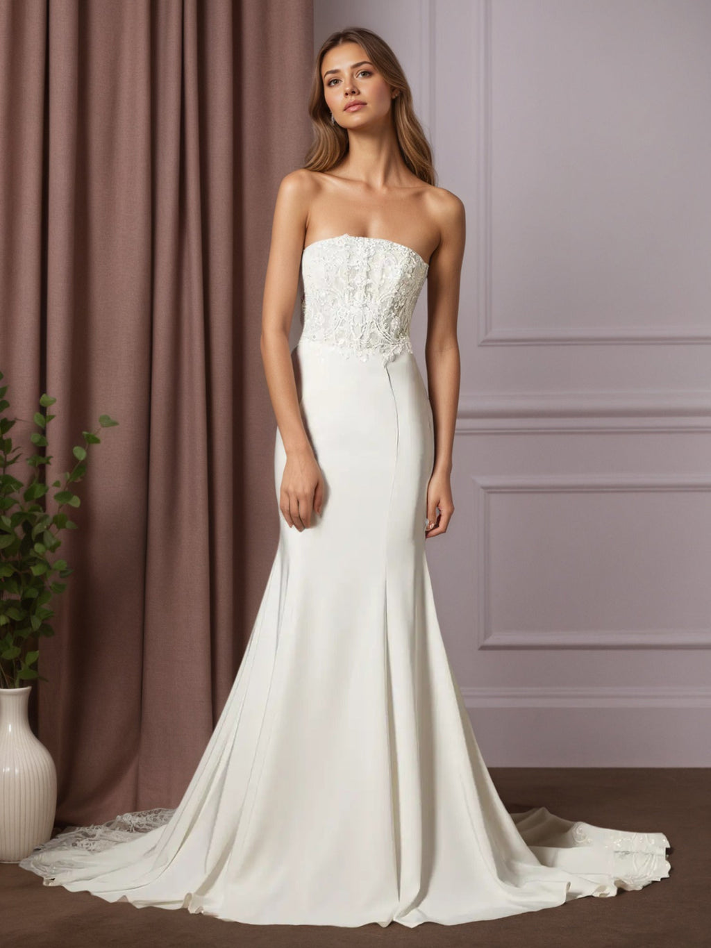 Vestido de noiva sereia em renda branca com cetim e crepe nas costas