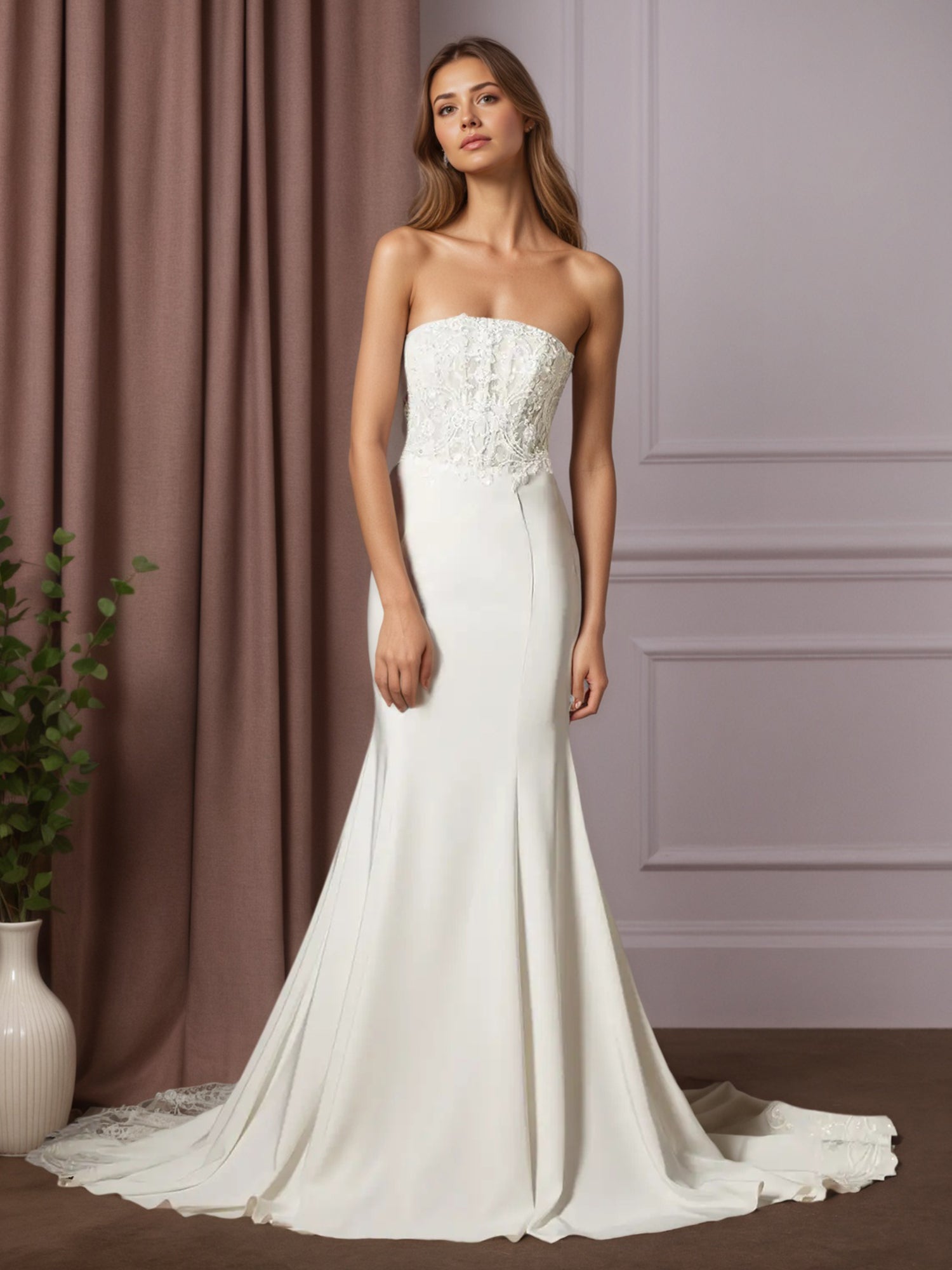 Vestido de noiva sereia em renda branca com cetim e crepe nas costas