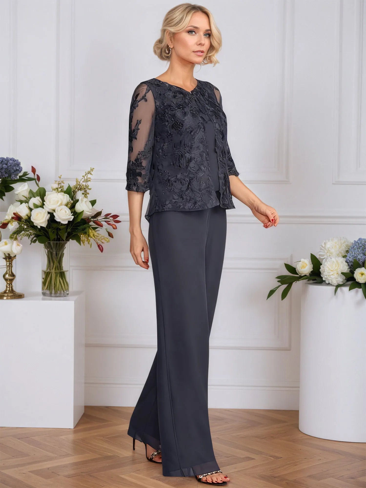 Pantsuits Separates V-Neck Floor-Length Lace Chiffon Mother of the Bride Dress