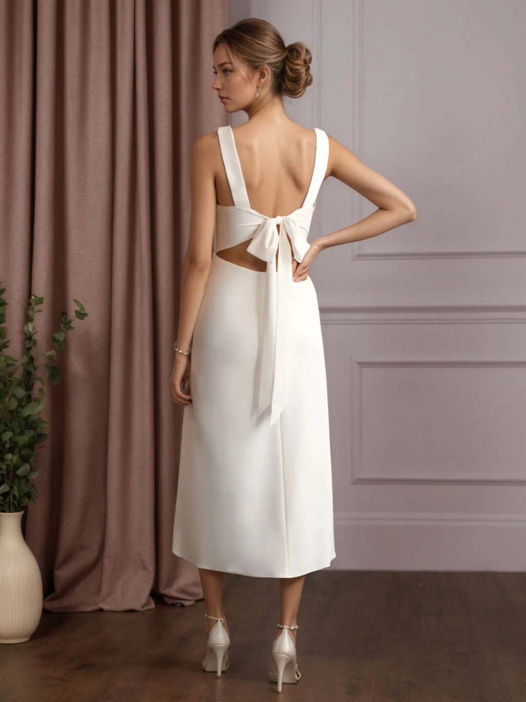 White A-Line V-Neck Bow Stretch Crepe Dress