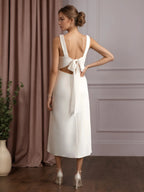 White A-Line V-Neck Bow Stretch Crepe Dress