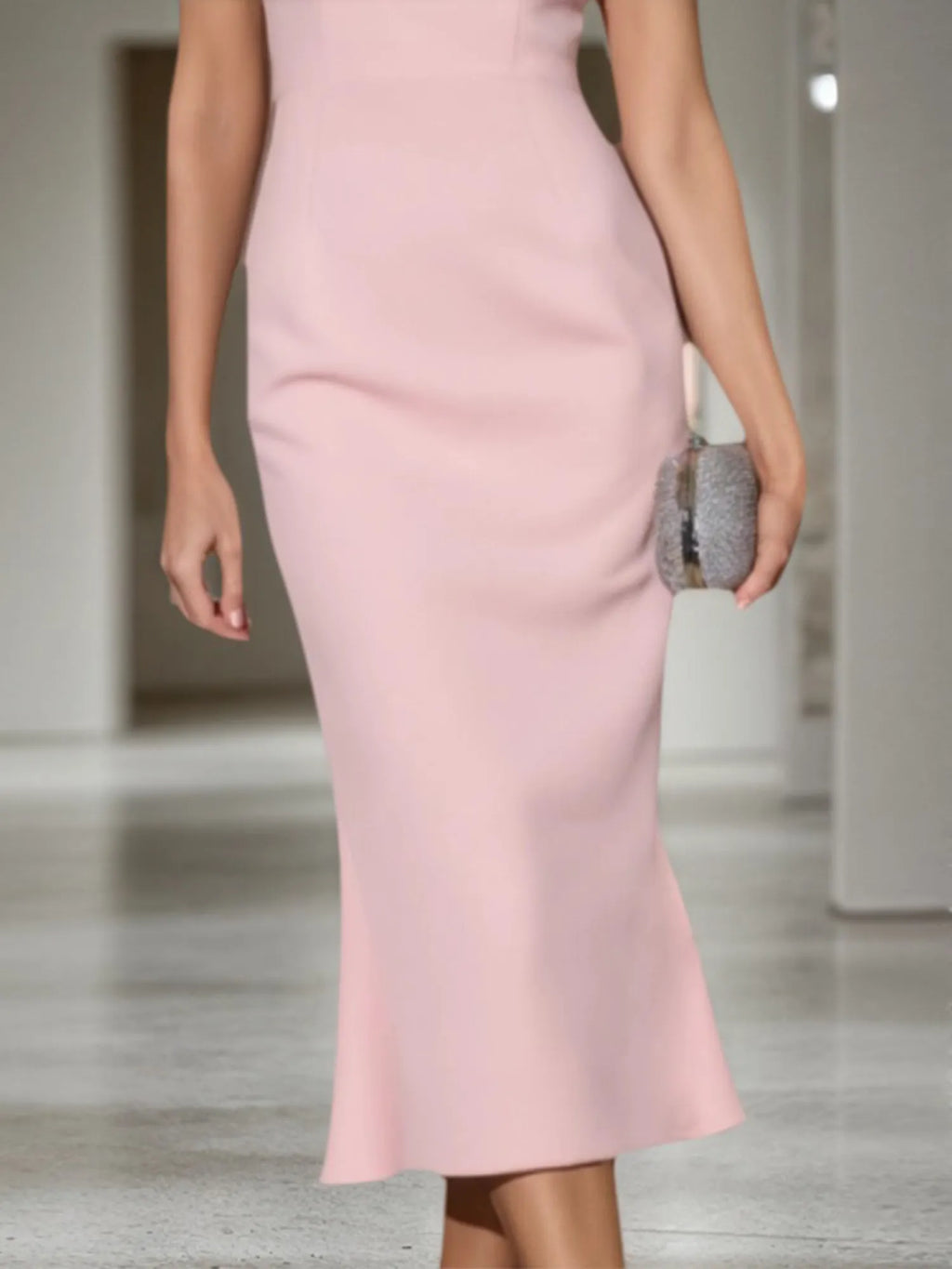 Vestido para convidada de casamento de outono rosa, midi sereia tipo tubinho com decote redondo