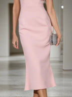 Vestido para convidada de casamento de outono rosa, midi sereia tipo tubinho com decote redondo