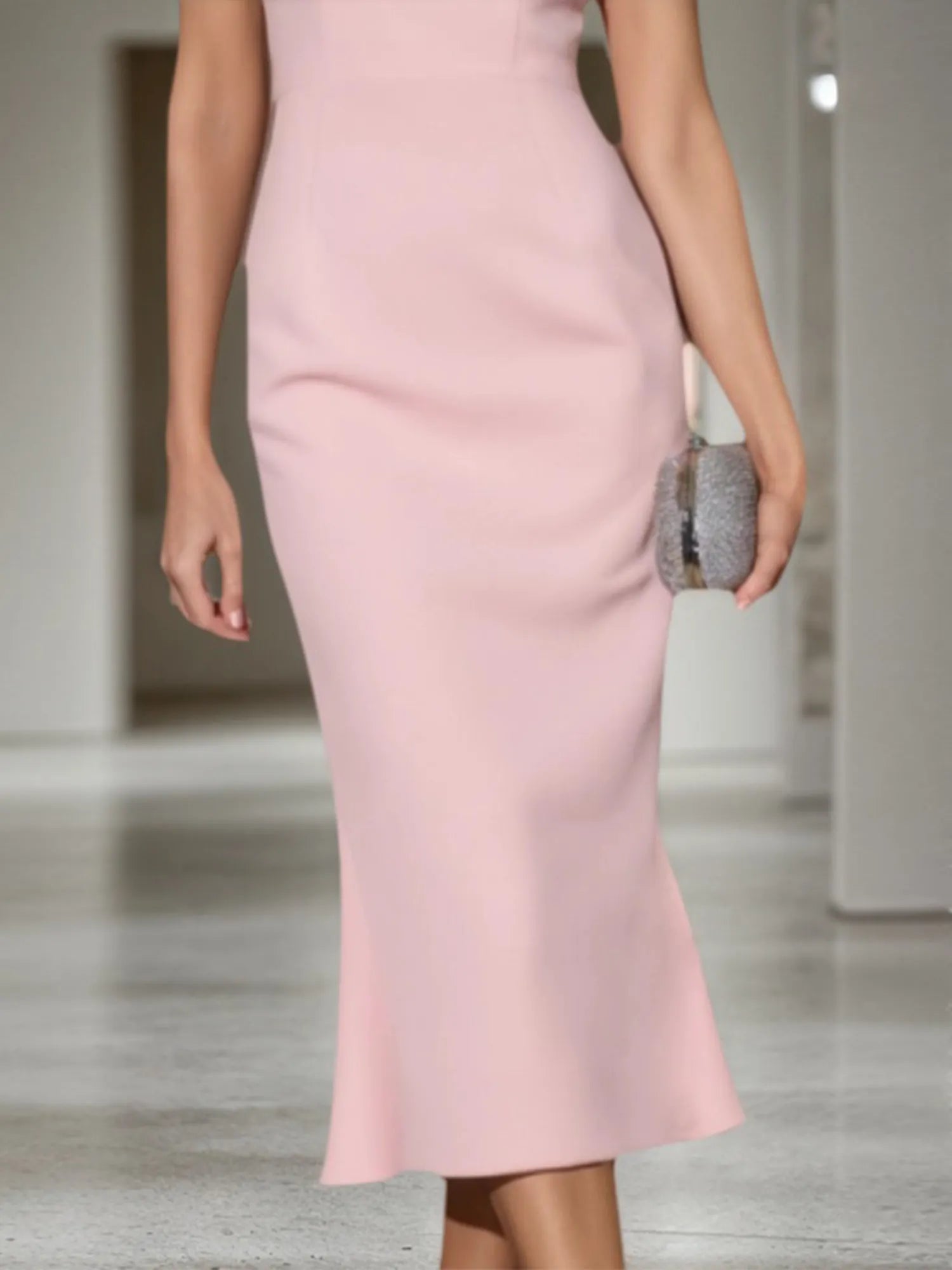 Vestido para convidada de casamento de outono rosa, midi sereia tipo tubinho com decote redondo