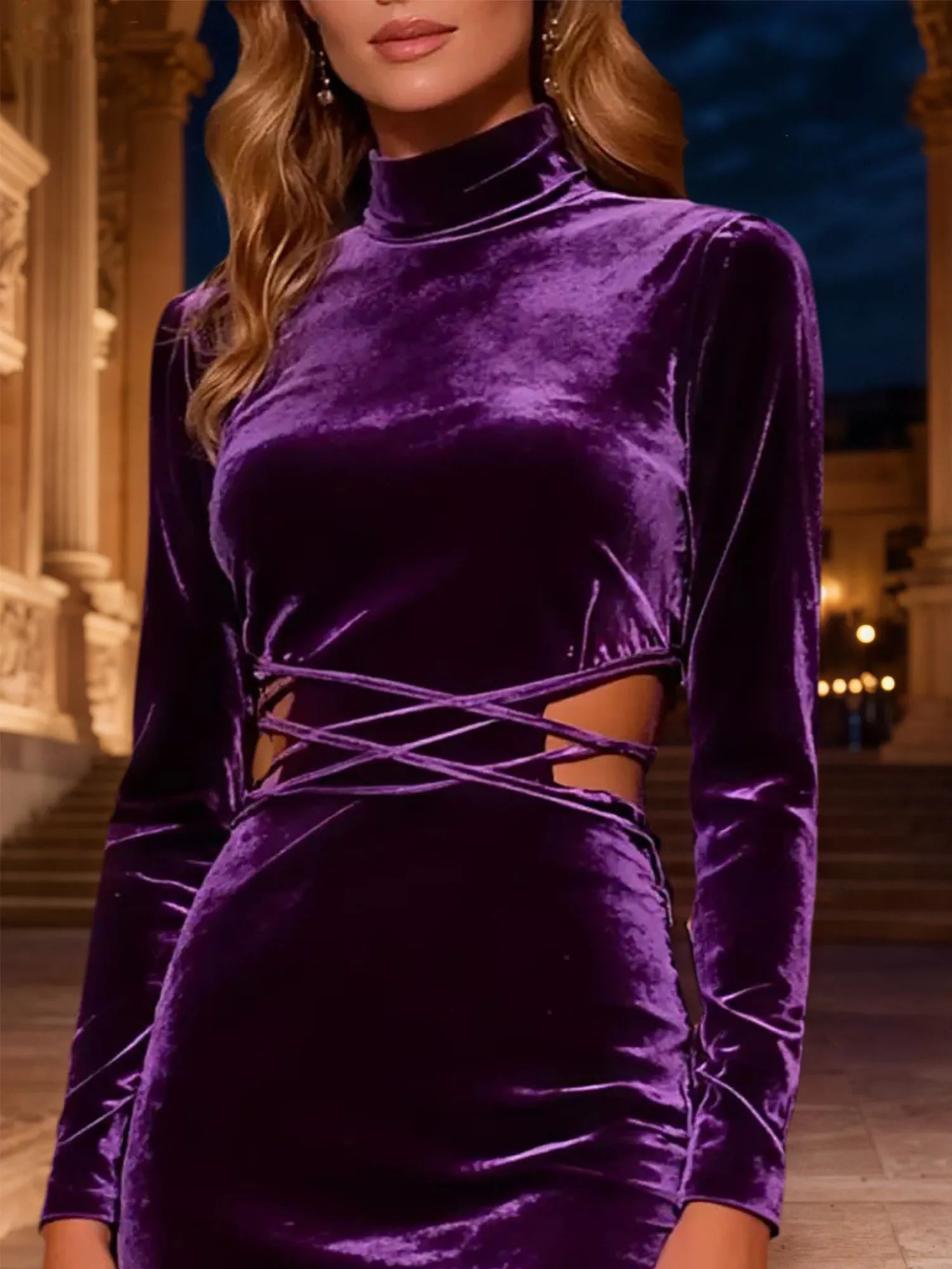 Vestido Longo Roxo de Veludo, Modelo Sereia, Gola Alta, para Festa de Fim de Ano