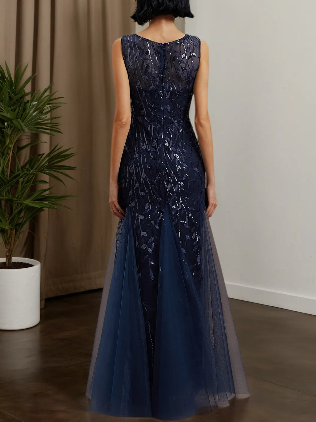 Robe maxi sans manches bleu violet à sequins à col rond et coupe droite