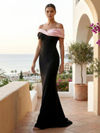 Vestidos de noche negros de satén con escote off the shoulder, corte sirena y cola