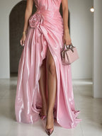 Pink Flash 3D Floral Classic Halter Sleeveless A-Line Maxi Dress