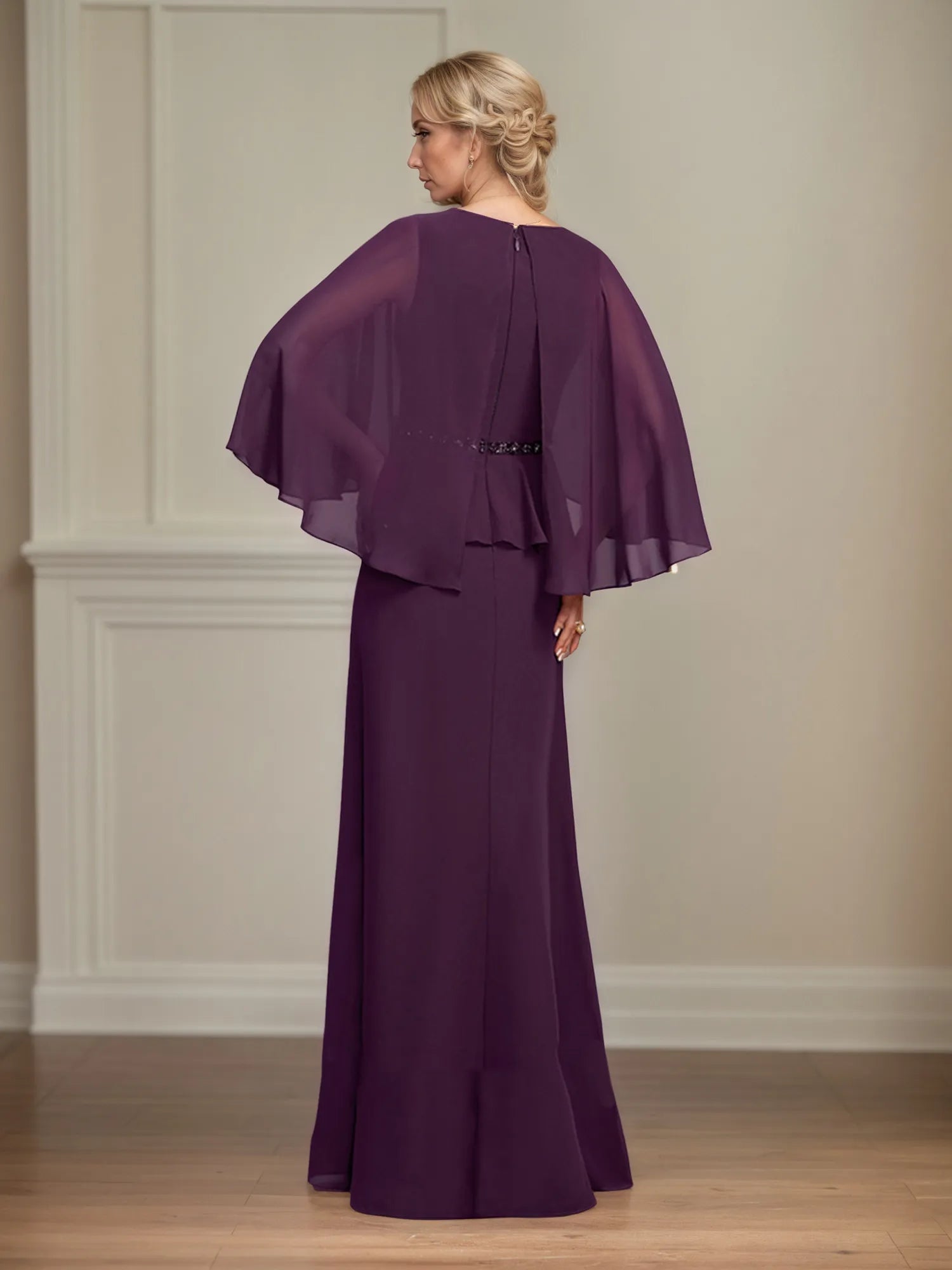 A-Linien U-Ausschnitt bodenlanges Chiffon-Mutter-der-Braut-Kleid mit plissierten Pailletten und Perlen