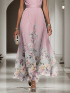 Pink Floral Chiffon V Neck Sleeveless A-Line Maxi Dress
