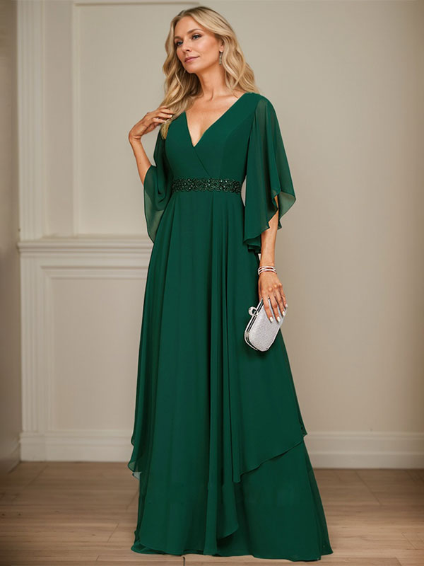 Vestido de madre de la novia línea A con escote en V, largo hasta el suelo, de gasa con apliques de lentejuelas y cuentas de encaje