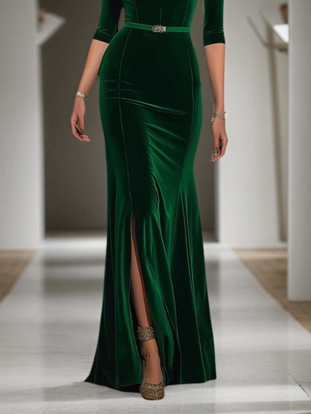 Robe de soirée longue en velours vert profond décolleté en V pour mère de la mariée