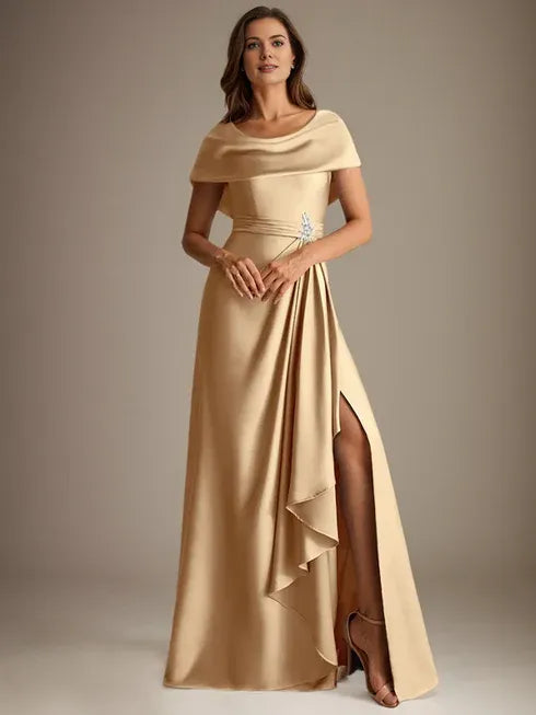 Vestido de madre de la novia en línea A de satén elástico con escote redondo hasta el suelo y volantes en cascada