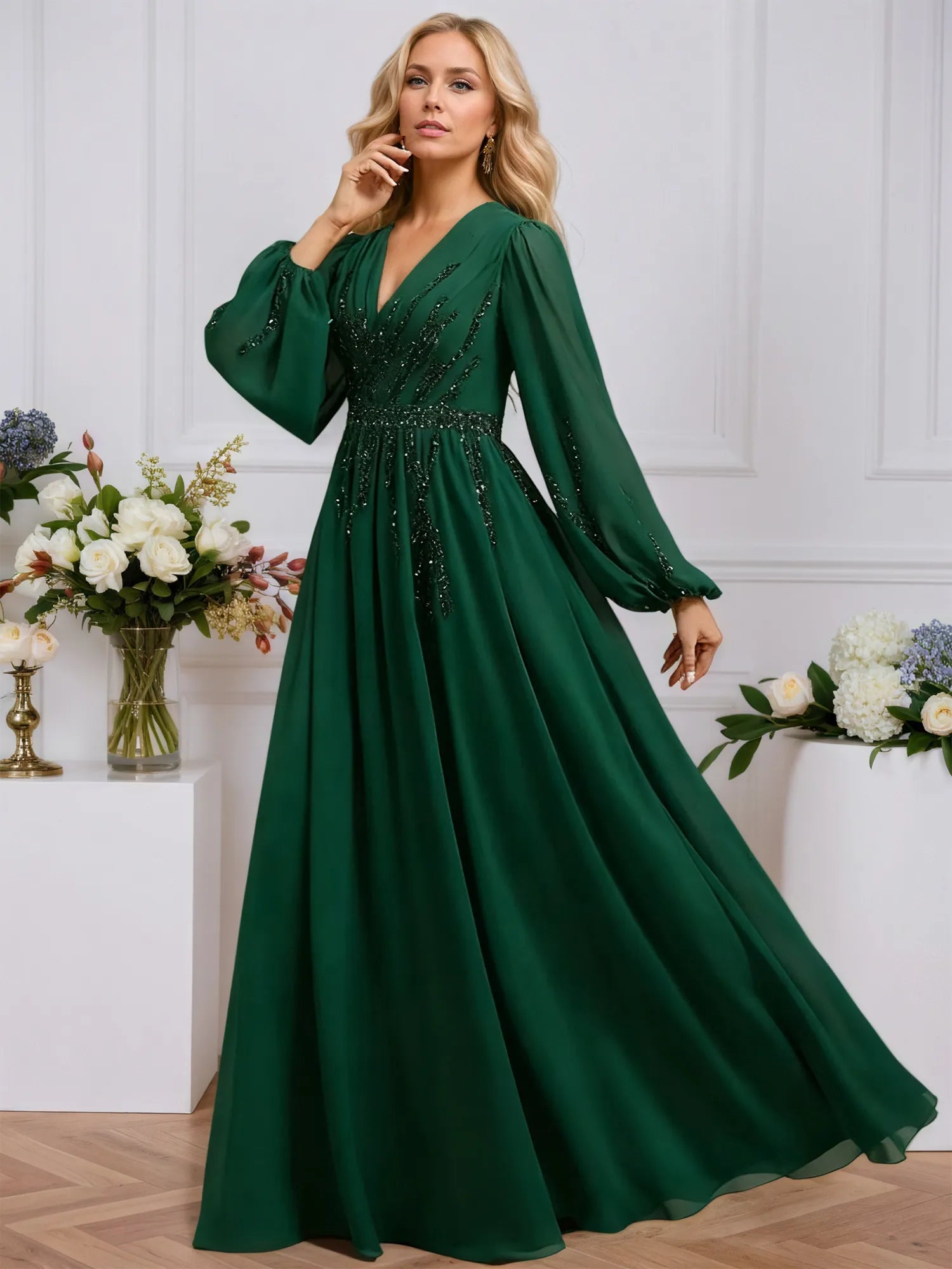 A-line V-Neck Floor-Length Chiffon Evening Dress With Pleated Sequins – DUNALI