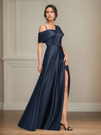 A Line Asymmetrical Floor-Length Satin Mother of the Bride Dress With Pleated