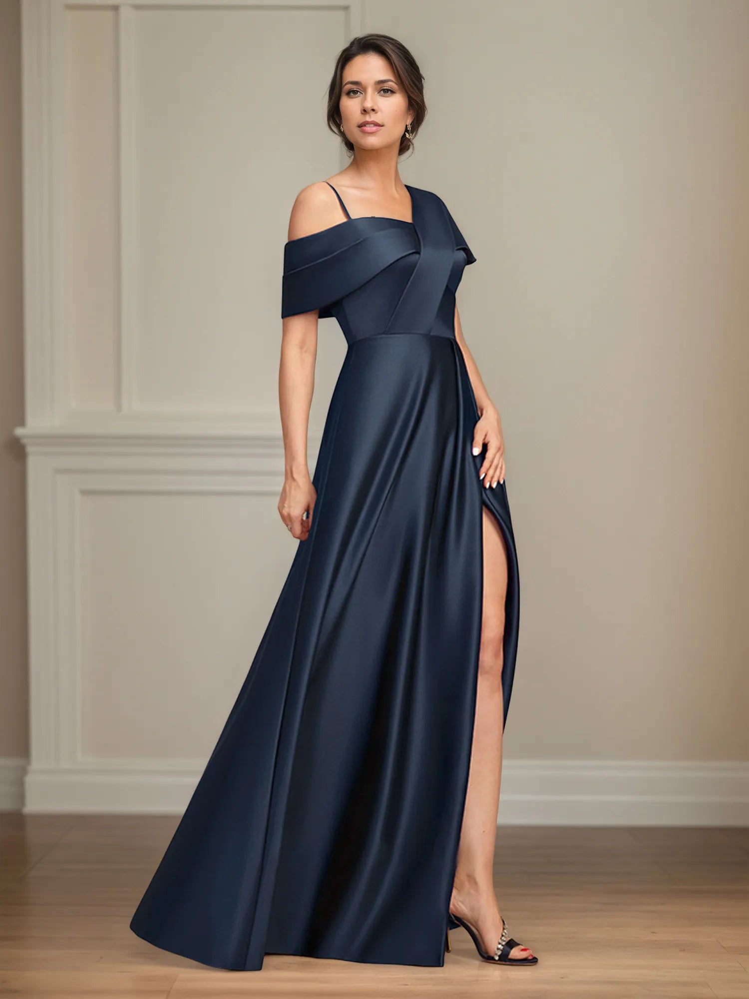A Line Asymmetrical Floor-Length Satin Mother of the Bride Dress With Pleated