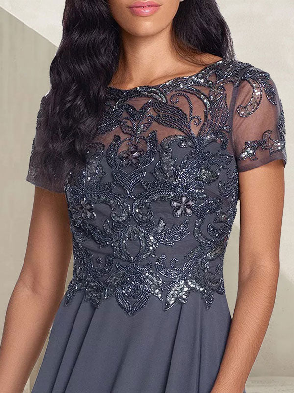 Anthrazitgraues A-Linien-Kleid mit Rundhalsausschnitt, lang, Mutter der Braut, mit Perlenbesatz