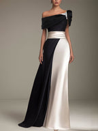 Robe de soirée formelle à une épaule, manches courtes, longueur au sol en satin