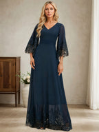 A-line V-Neck Floor-Length Chiffon Evening Dress With Pleated Sequins