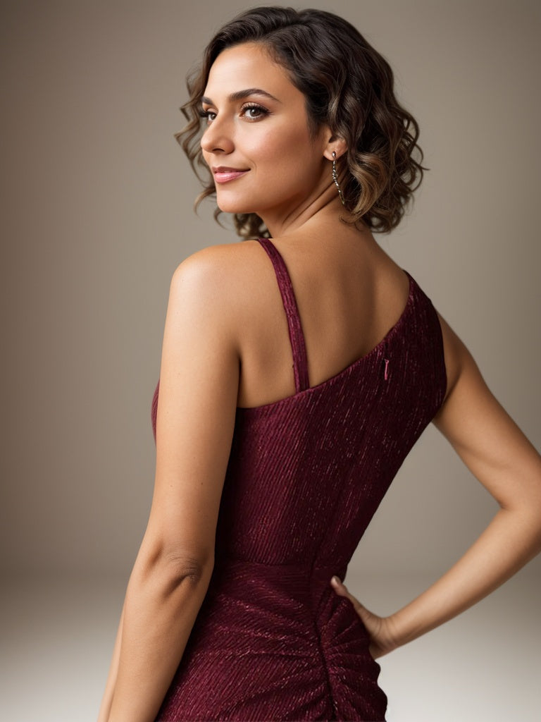 Rubinrotes Etuikleid mit einer Schulter aus metallischem Mesh Mutterkleid der Braut