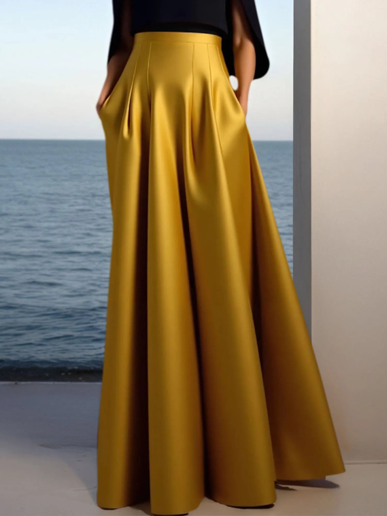 Evening Formal Dress Golden A-Line Crew Neck Satin Maxi Dress
