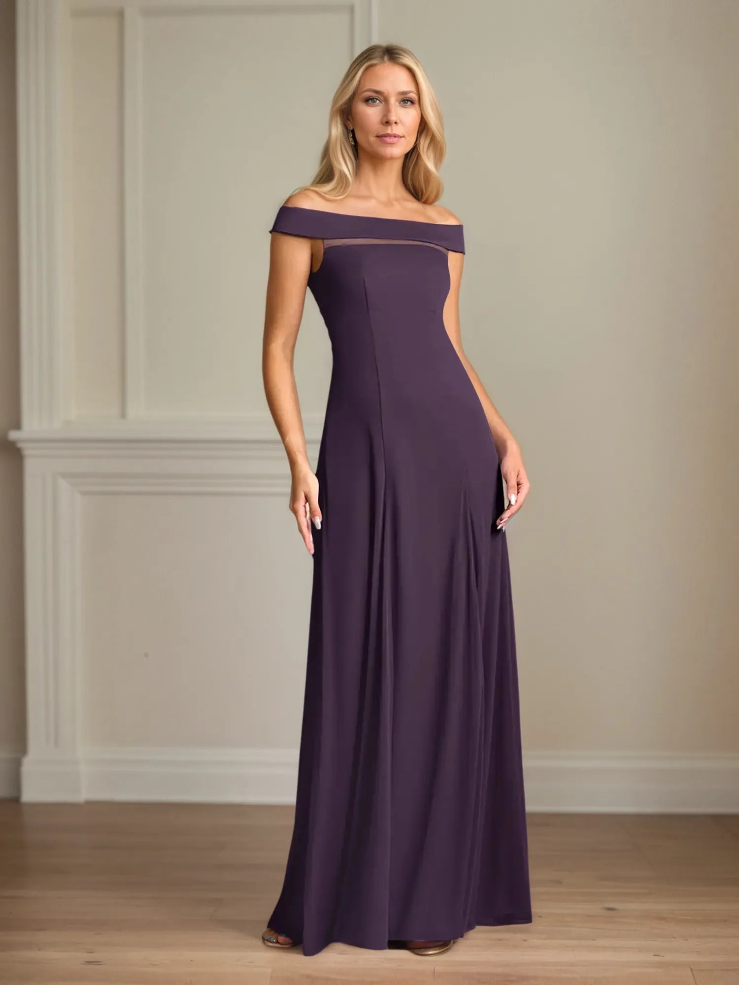 A Line Off the Shoulder Sleeveless Chiffon Mother of the Bride Dress With Pleated